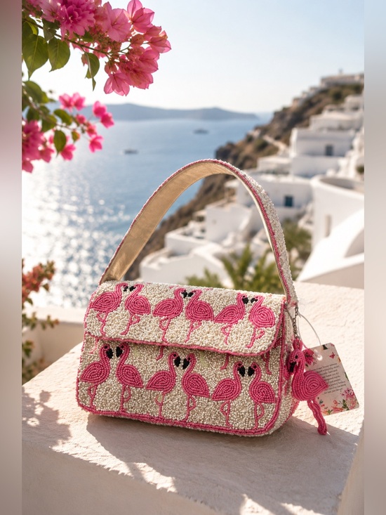 America & Beyond Handbags - Viral America & Beyond Hand Beaded Flamingo Shoulder Bag w/ Flamingo Keychain